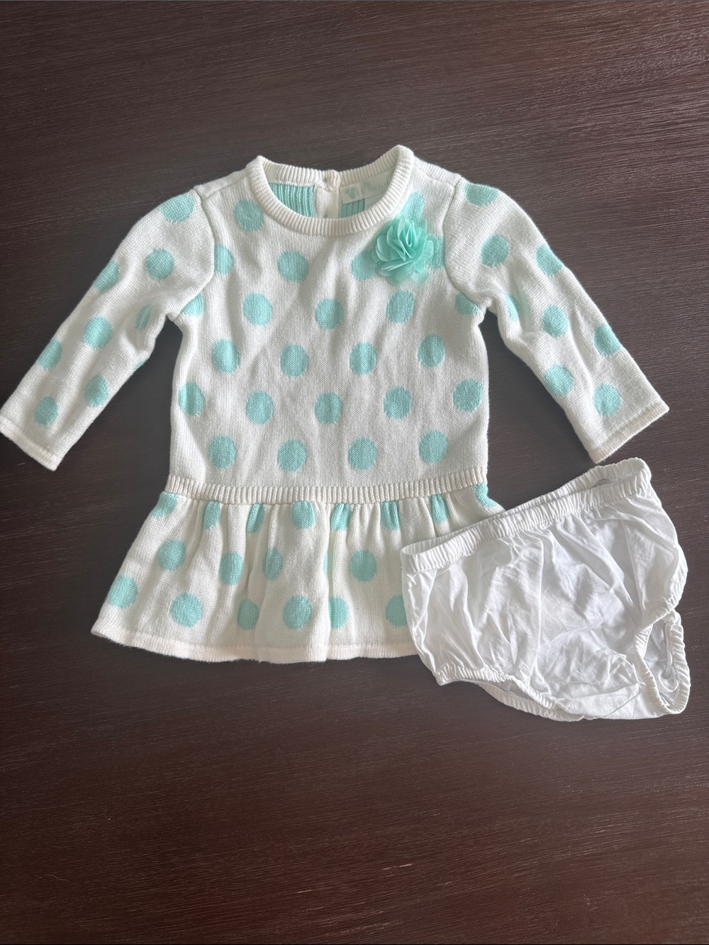 Cherokee White Sweater Dress with Mint Polka Dots and Bloom